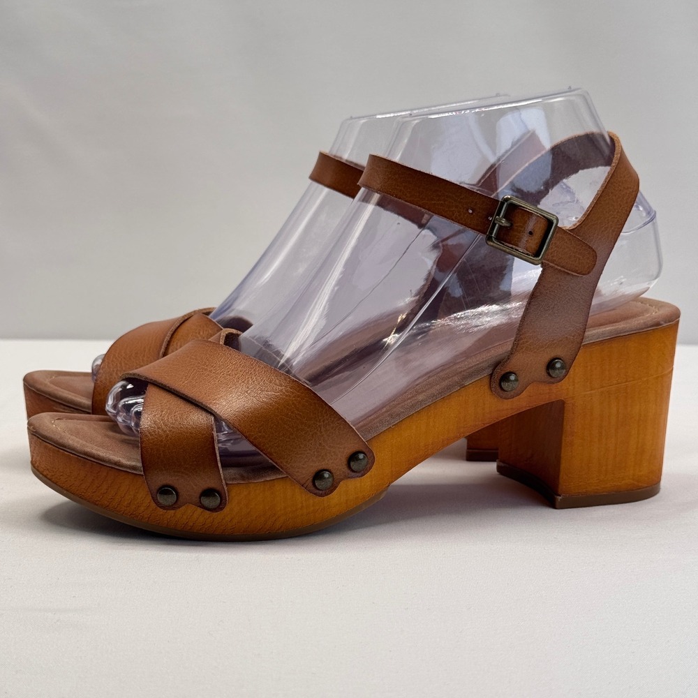 MIA Womens Cognac Brown Leather Platform Clog Sandals Block Heel Size 7.5